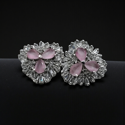 Royal Blue Crystal Floral Stud Earrings  Silver Plated Statement Jewelry