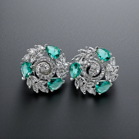 Emerald Green Crystal Floral Stud Earrings Silver Plated Statement Jewelry