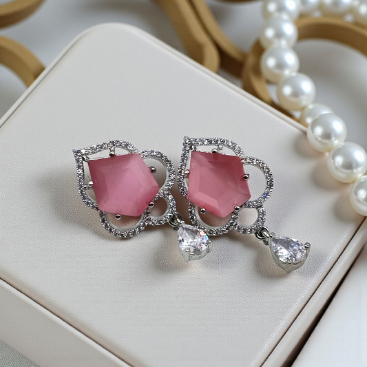 Hexagon Earrings  Teal Stone Silver CZ Halo with Crystal Drop