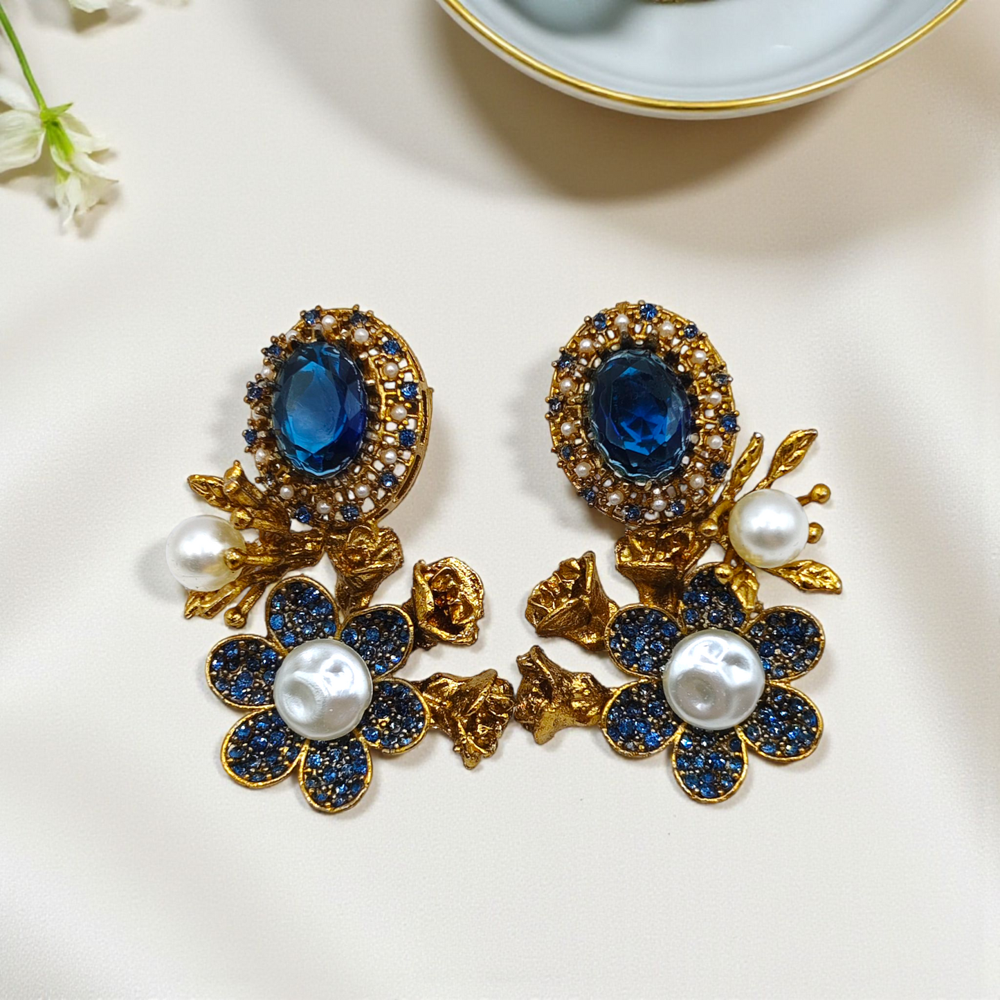 Sapphire Blossom Earrings Blue Oval Crystal, Gold Botanical & Daisy Pearl Drops