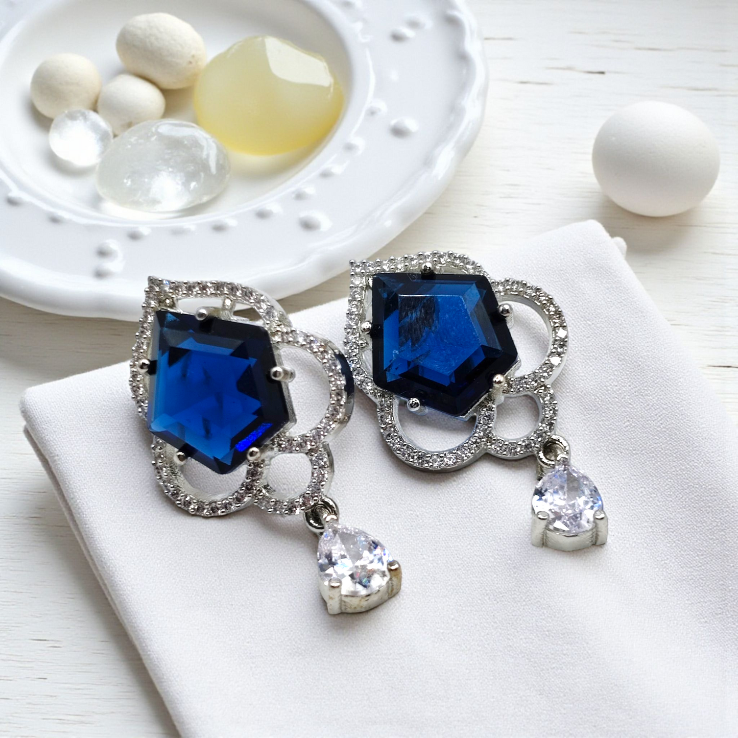 Hexagon Earrings  Teal Stone Silver CZ Halo with Crystal Drop