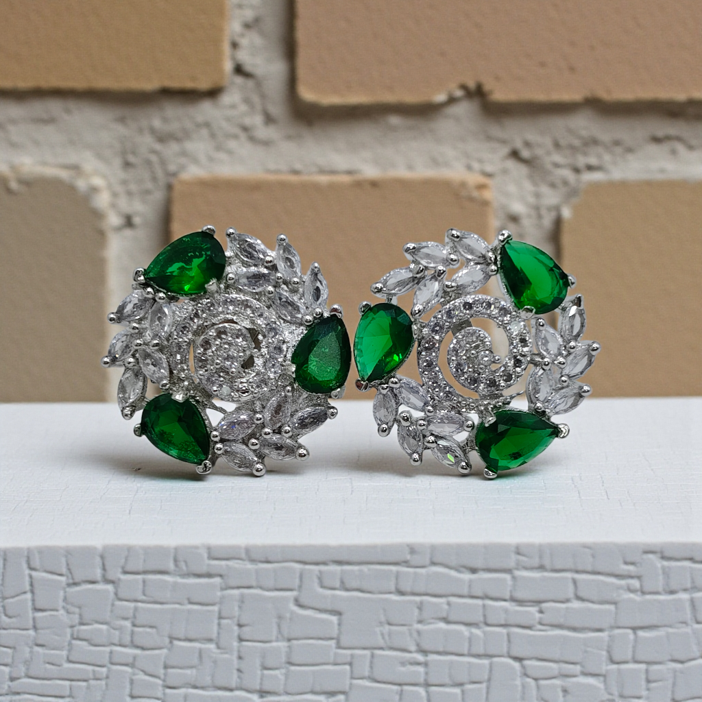 Emerald Green Crystal Floral Stud Earrings Silver Plated Statement Jewelry