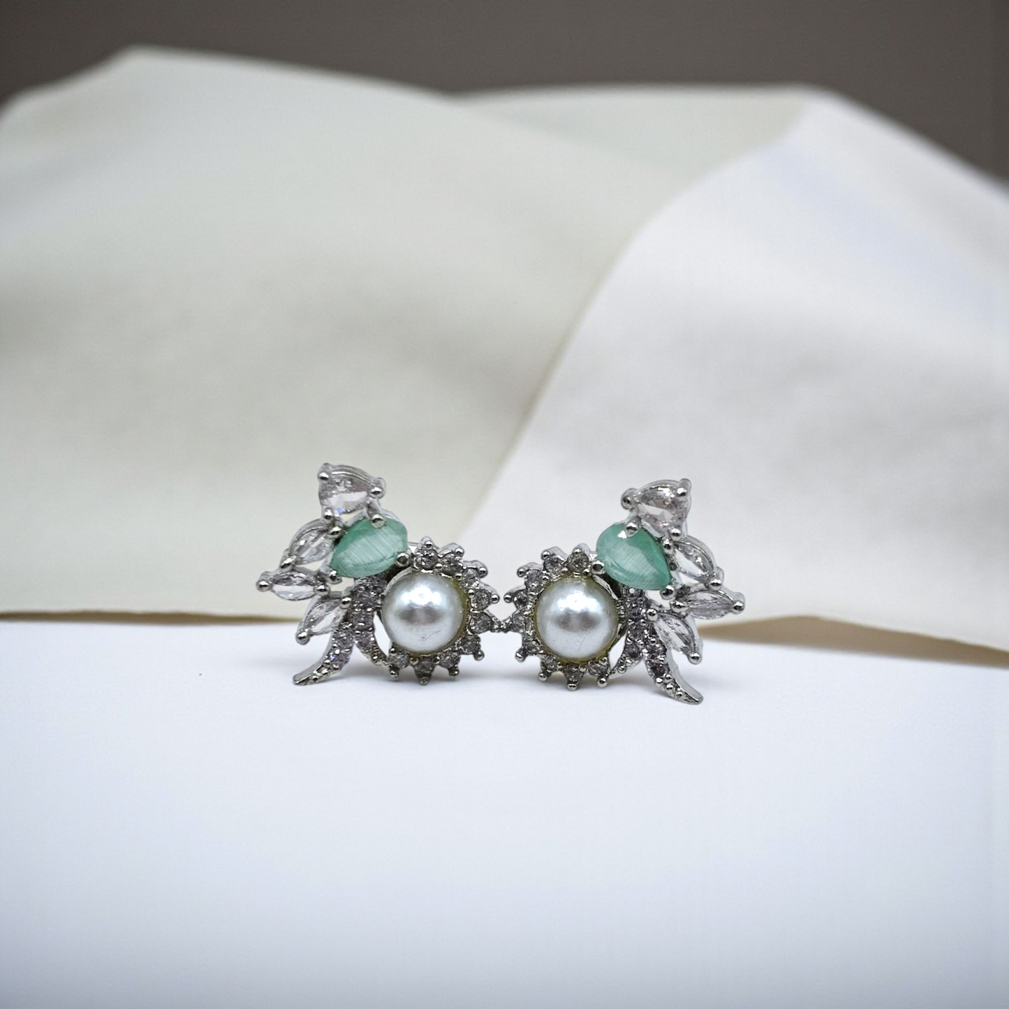 Pearl & Green Stone Floral Stud Earrings