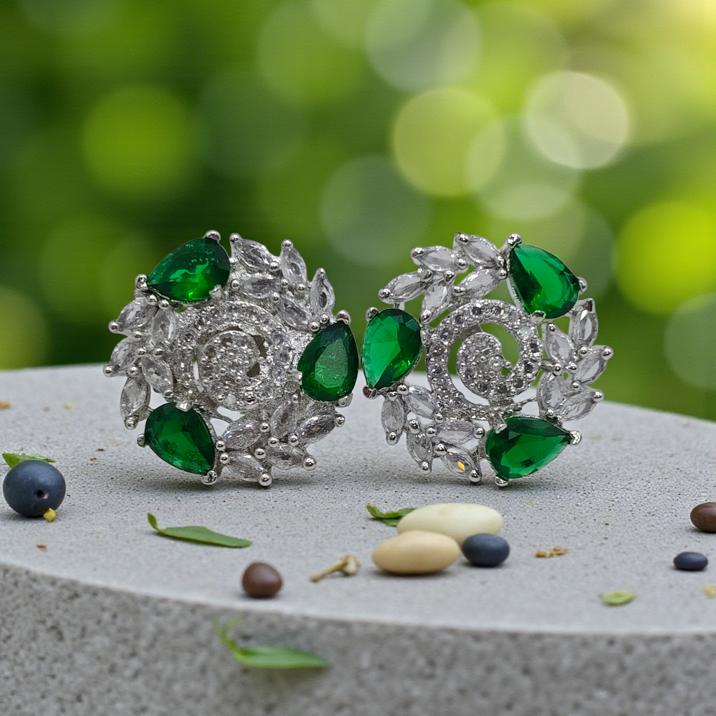 Emerald Green Crystal Floral Stud Earrings Silver Plated Statement Jewelry