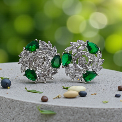 Emerald Green Crystal Floral Stud Earrings Silver Plated Statement Jewelry