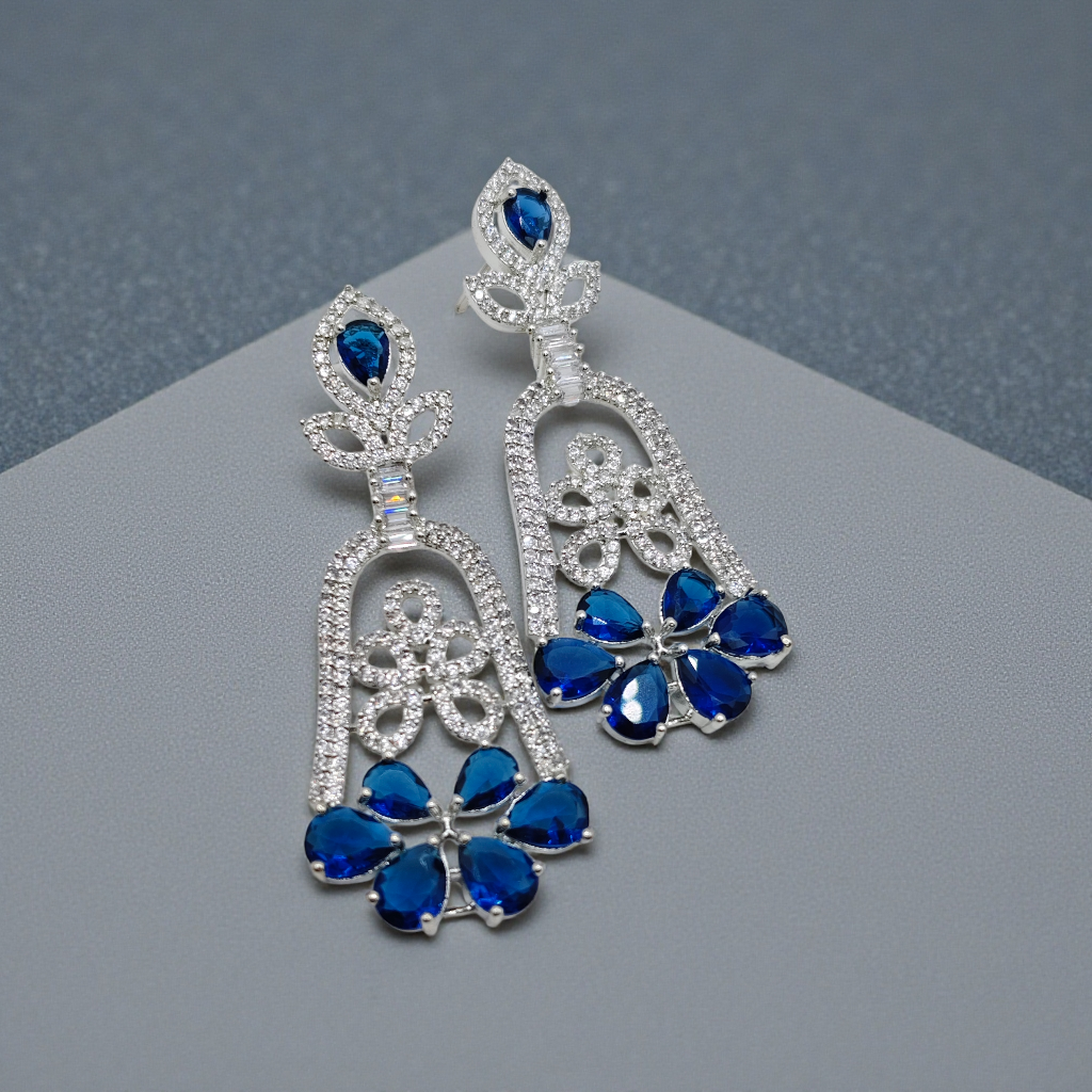 Crystal Floral Drop Earrings  Silver Plated  Blue, Black & Green Variants