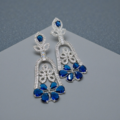 Crystal Floral Drop Earrings  Silver Plated  Blue, Black & Green Variants