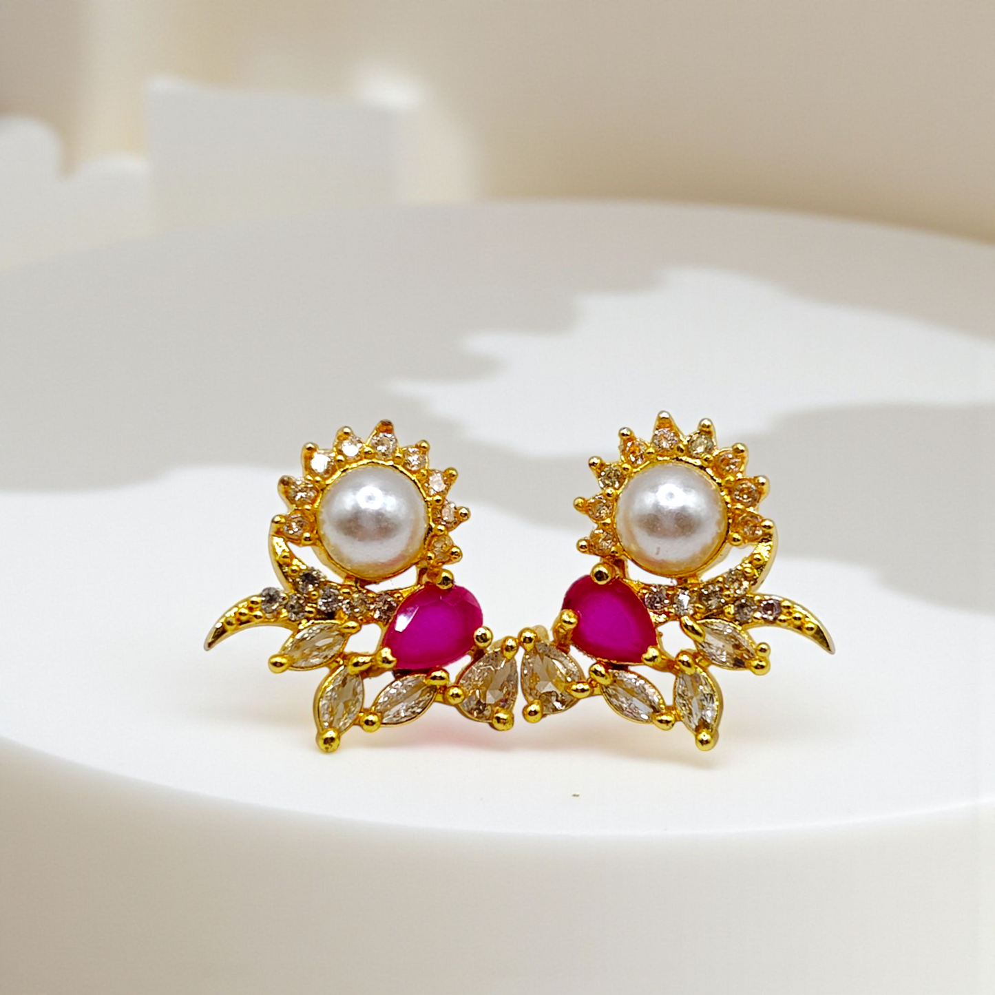 Pearl & Green Stone Floral Stud Earrings