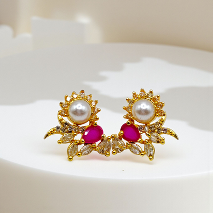 Pearl & Green Stone Floral Stud Earrings