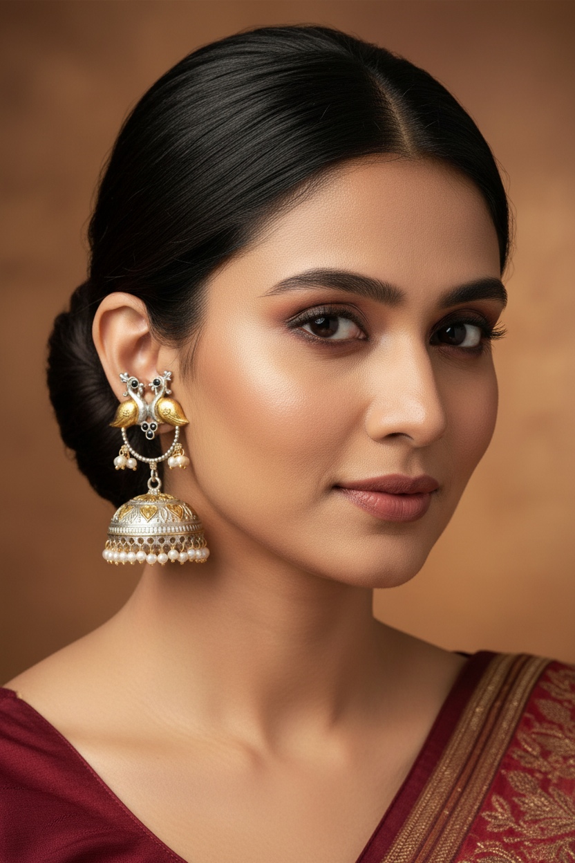 Dual-Tone Peacock Dome Jhumka Earrings – Traditional Heritage Collection