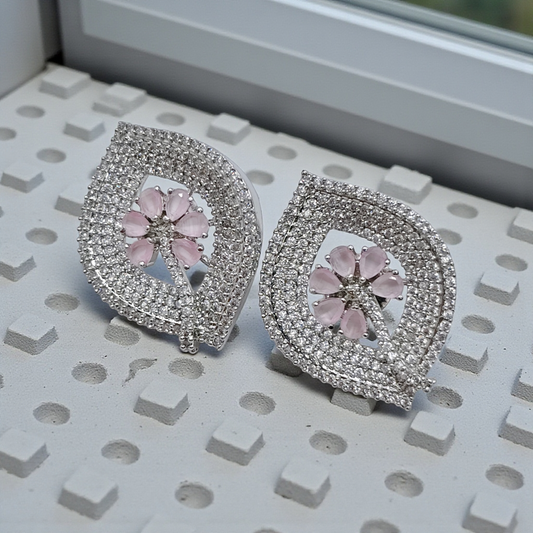 Silver Crystal Leaf Stud Earrings with Sapphire Blue Floral Center