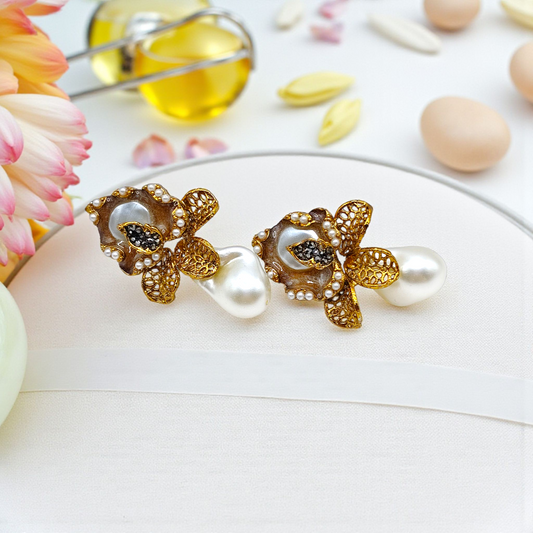 Midnight Garden Earrings Teal Enamel Gold Filigree Petal & Baroque Pearl Drops