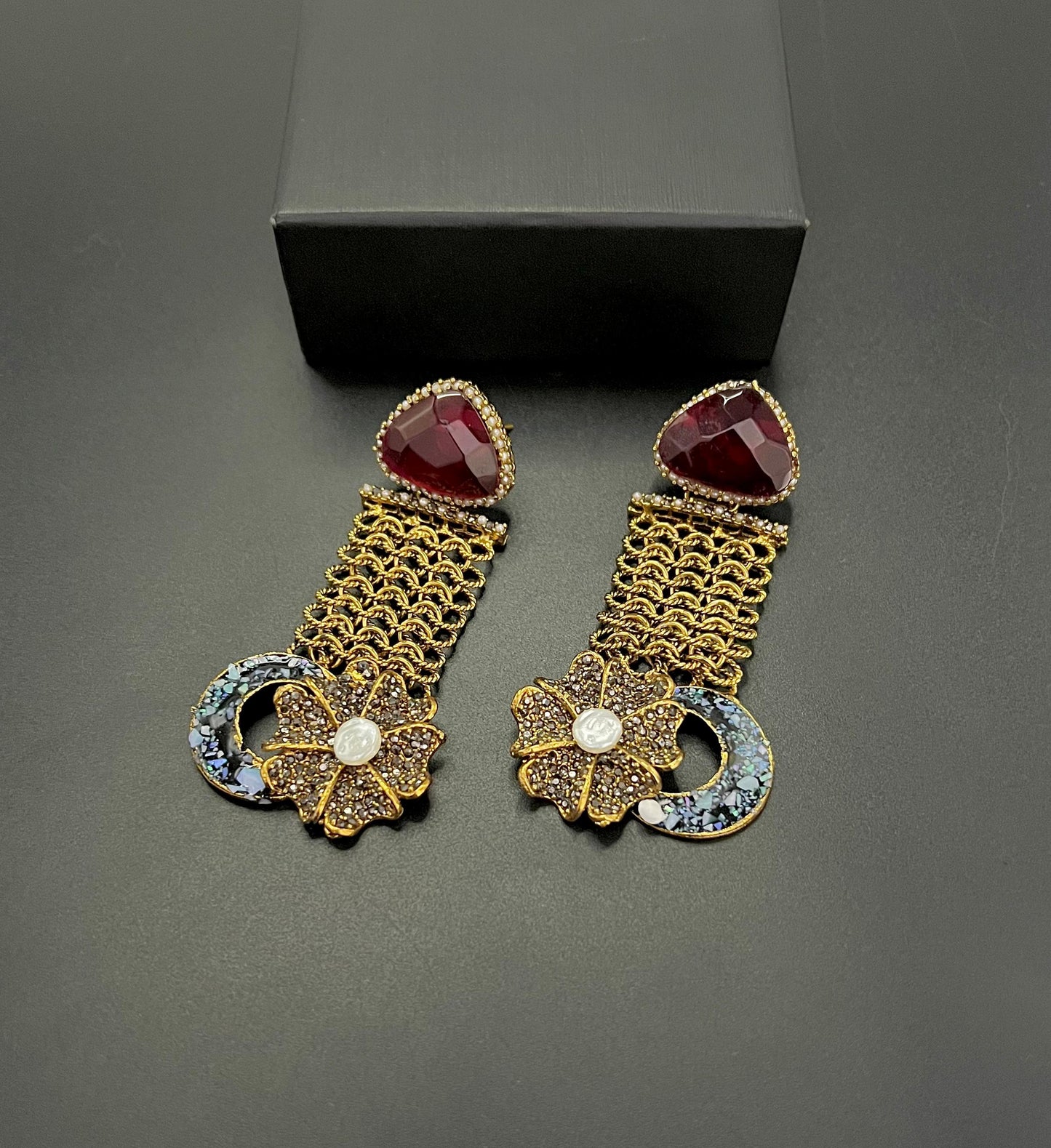 Designer Floral Earrings with Sparkling Crystals & Pearl Drop