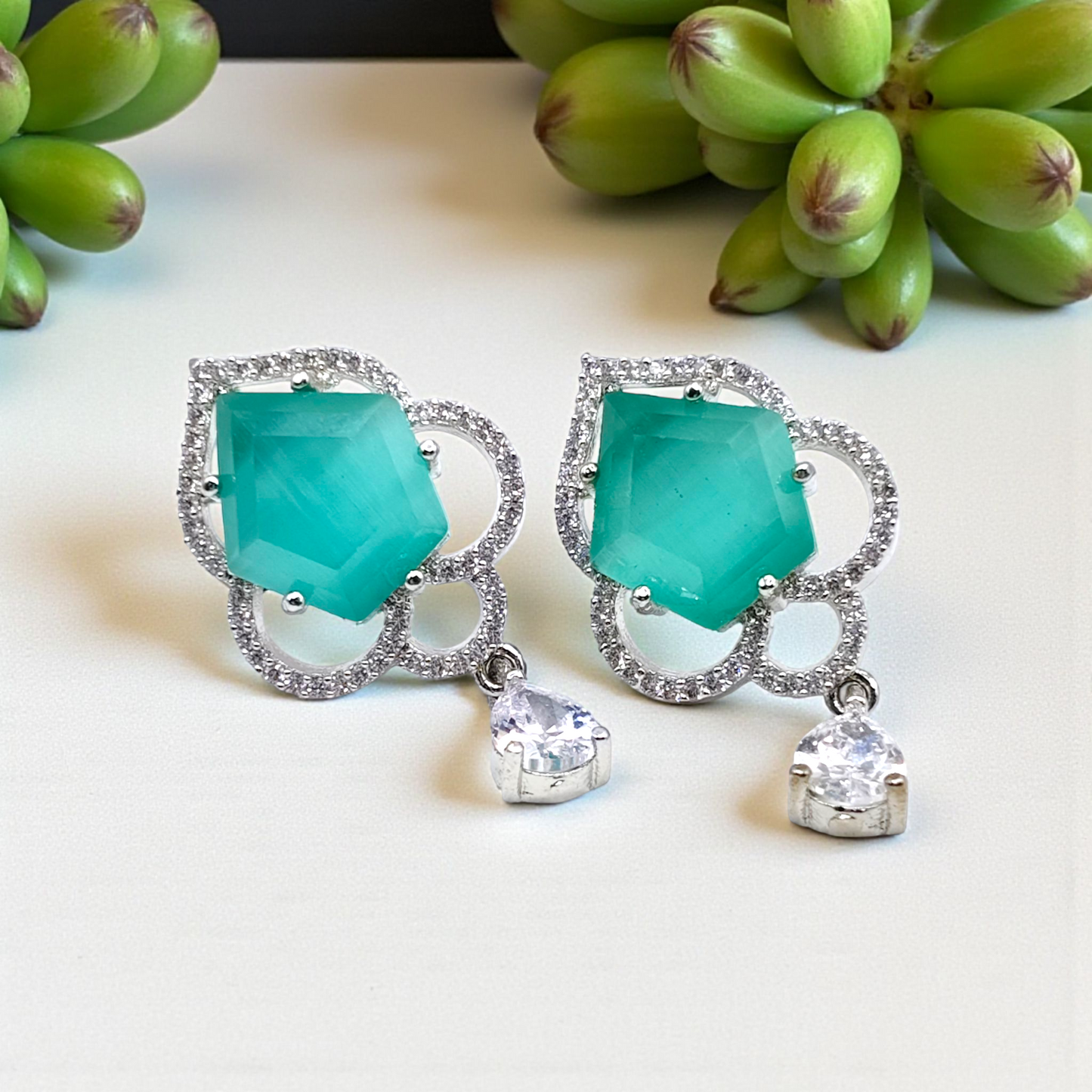 Hexagon Earrings  Teal Stone Silver CZ Halo with Crystal Drop