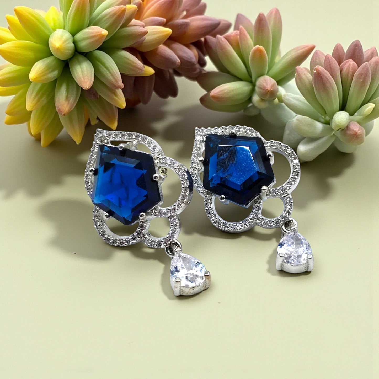 Hexagon Earrings  Teal Stone Silver CZ Halo with Crystal Drop