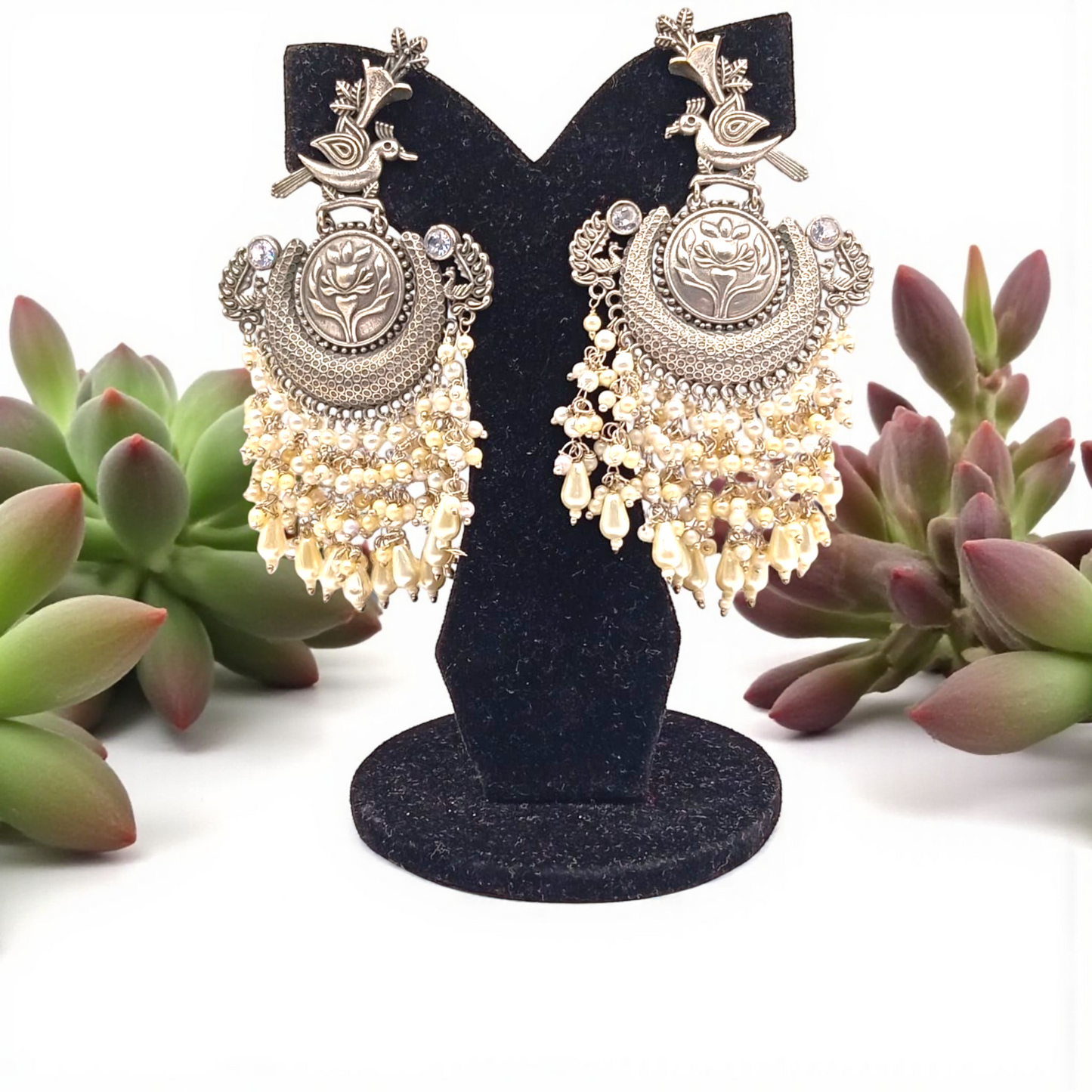 Oxidized Peacock Jhumka Earrings with Pearl Tassels