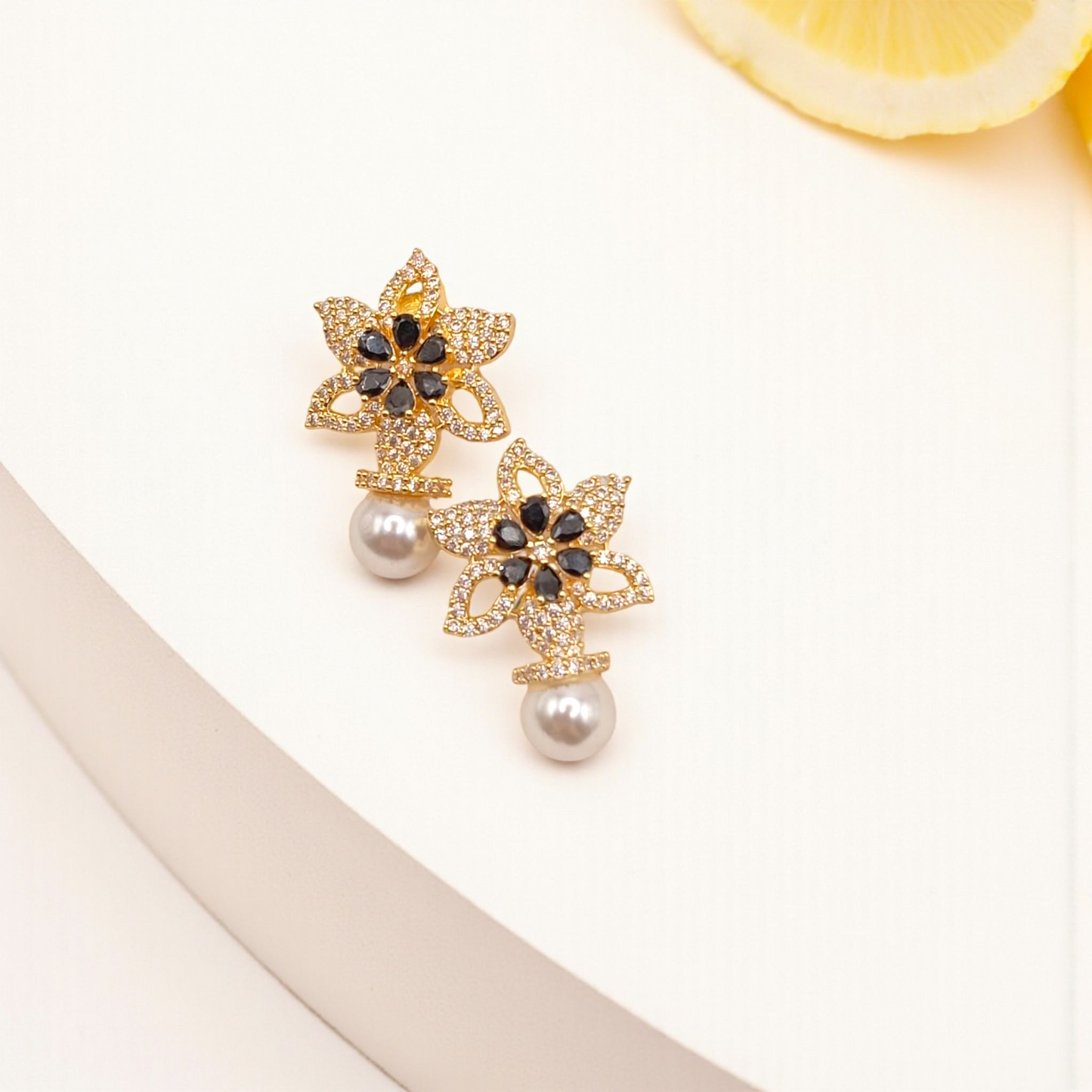 Floral Earrings with Pearl Drop