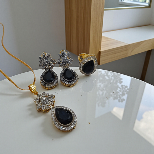Luxury Teardrop Stone Pendant Set with Earrings – Gold Plated