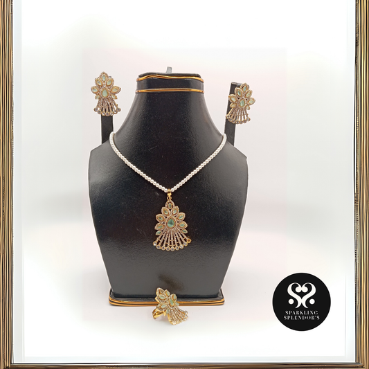 "Pearl Grace Fan Pendant Set – Mint Green Elegance with Ring"