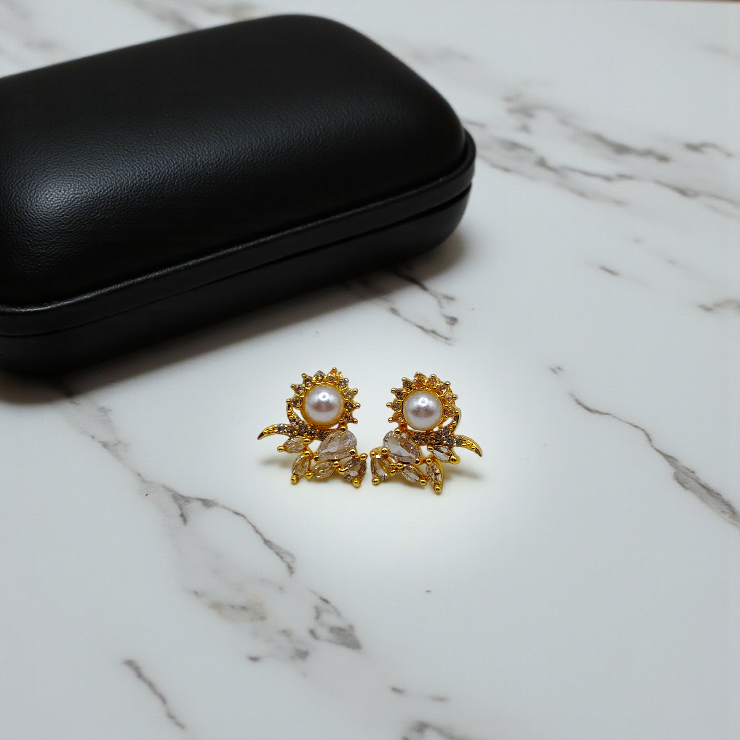 Pearl & Green Stone Floral Stud Earrings