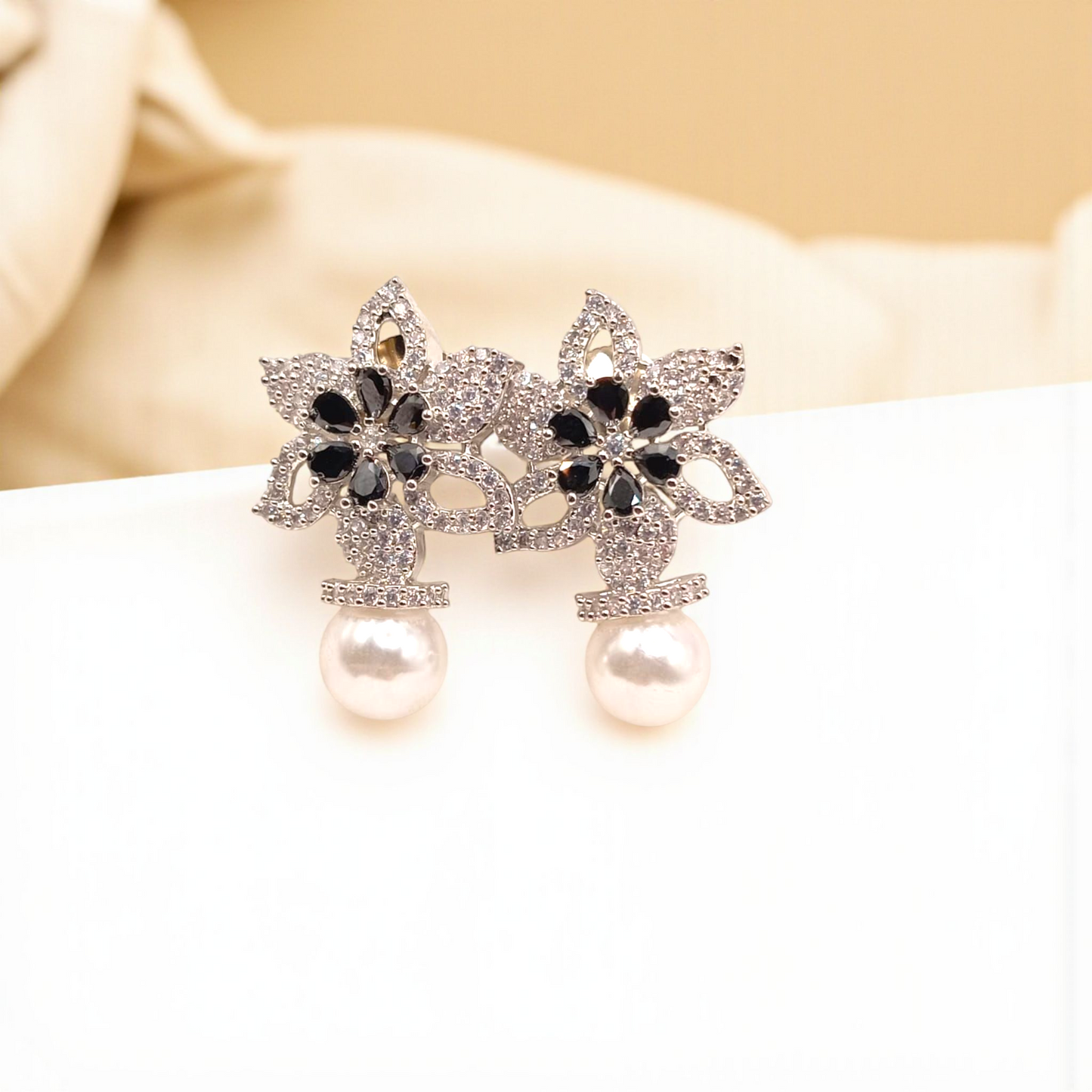 Floral Earrings with Pearl Drop