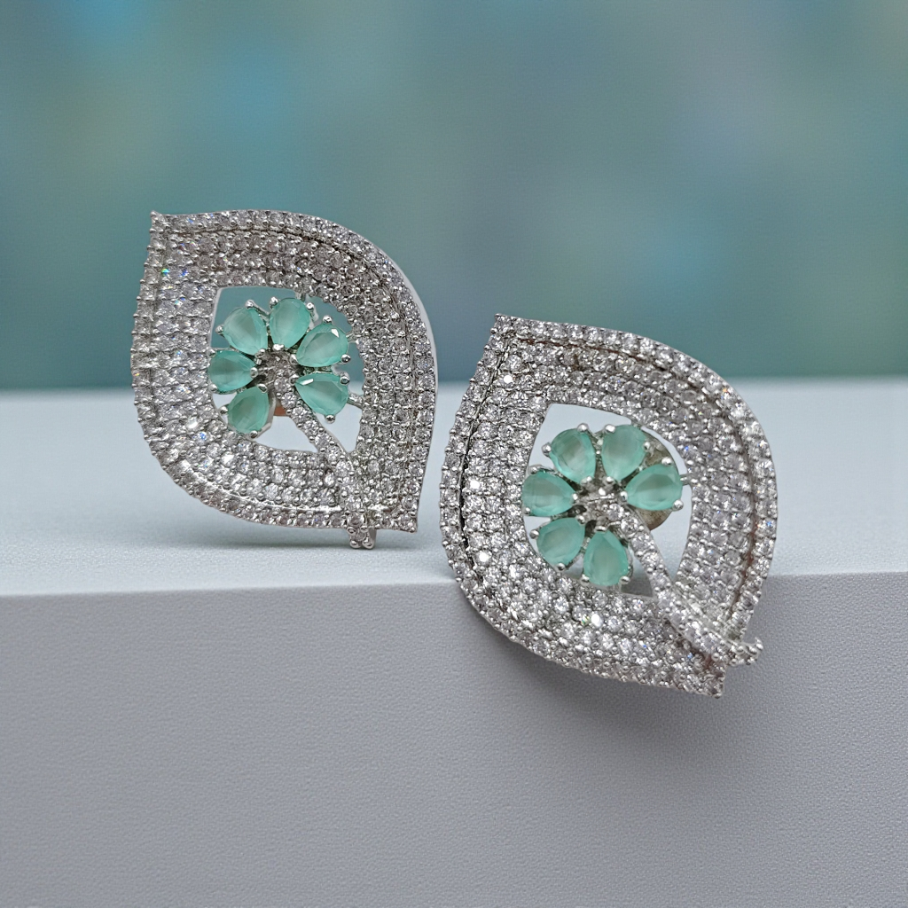 Silver Crystal Leaf Stud Earrings with Sapphire Blue Floral Center