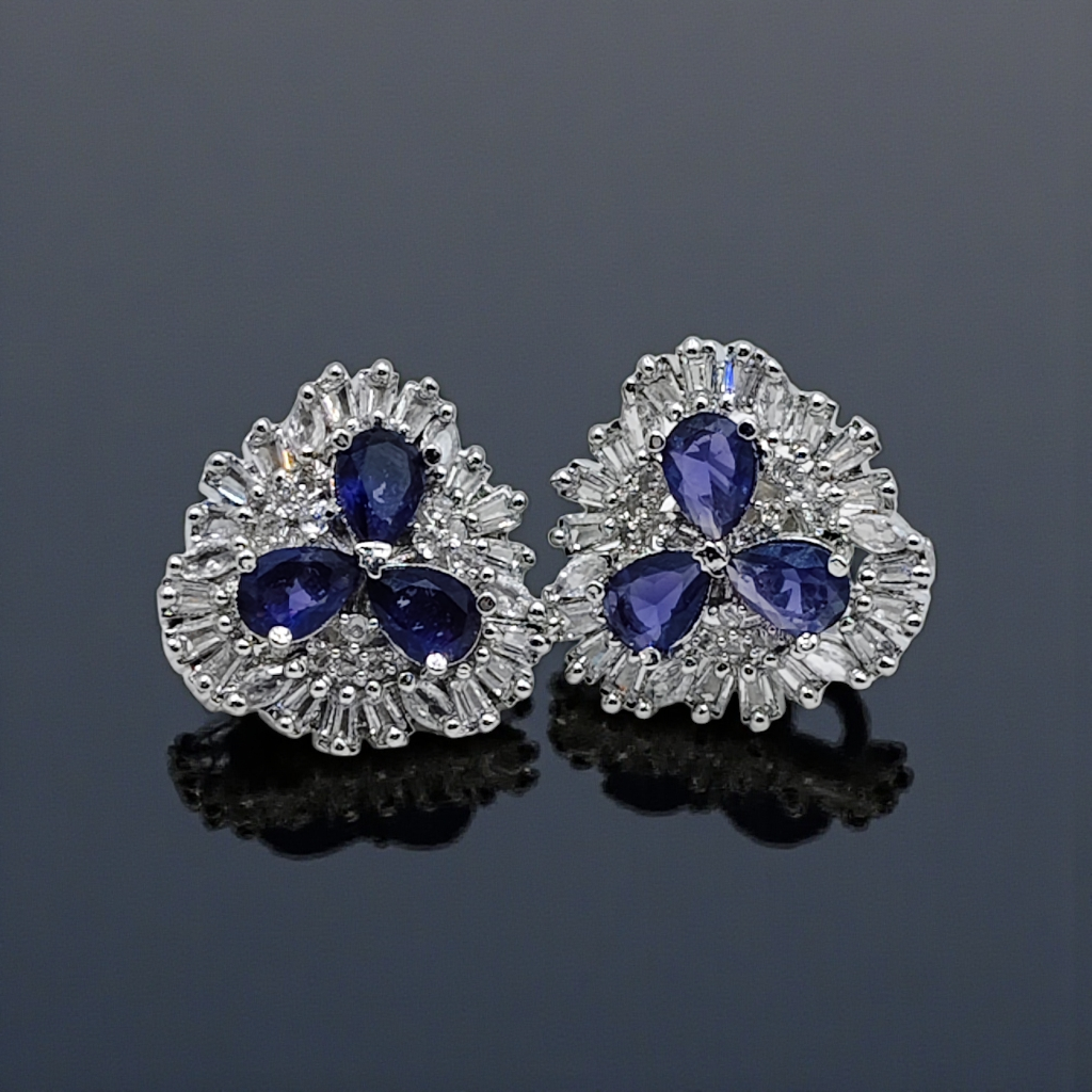 Royal Blue Crystal Floral Stud Earrings  Silver Plated Statement Jewelry