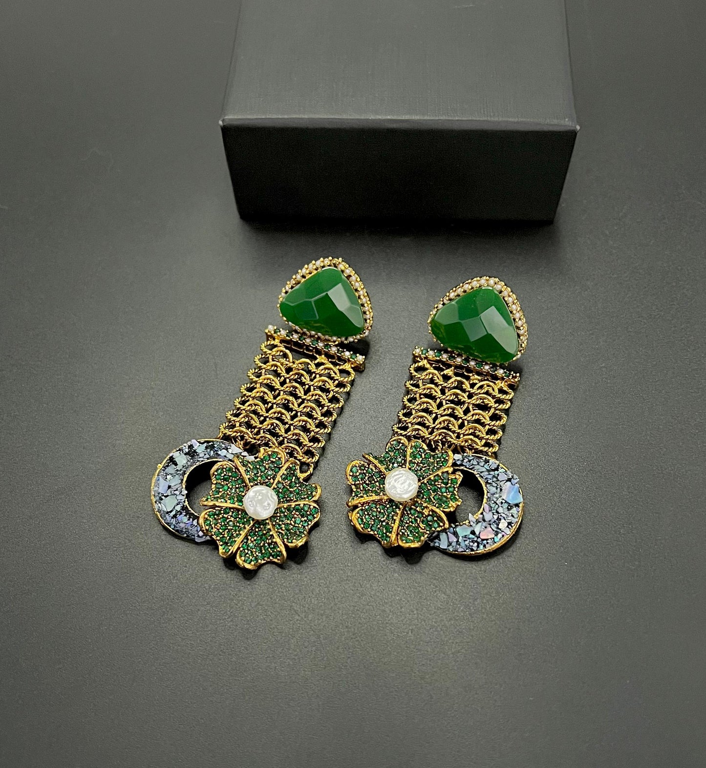 Designer Floral Earrings with Sparkling Crystals & Pearl Drop