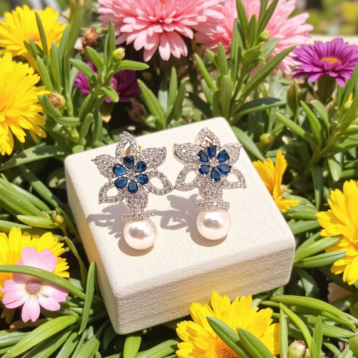 Floral Crystal Studs with Pearl Drop