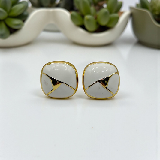 Classic White Enamel Studs with Gold Accent