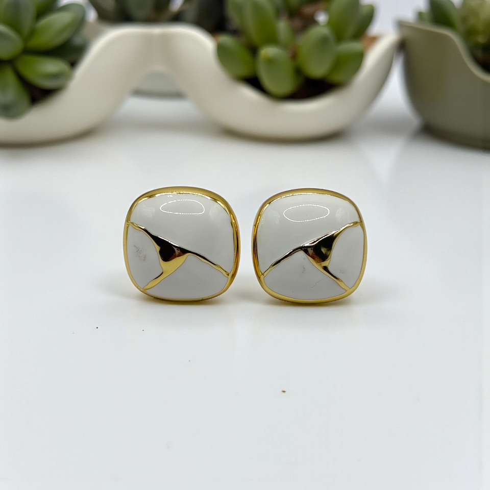Classic White Enamel Studs with Gold Accent