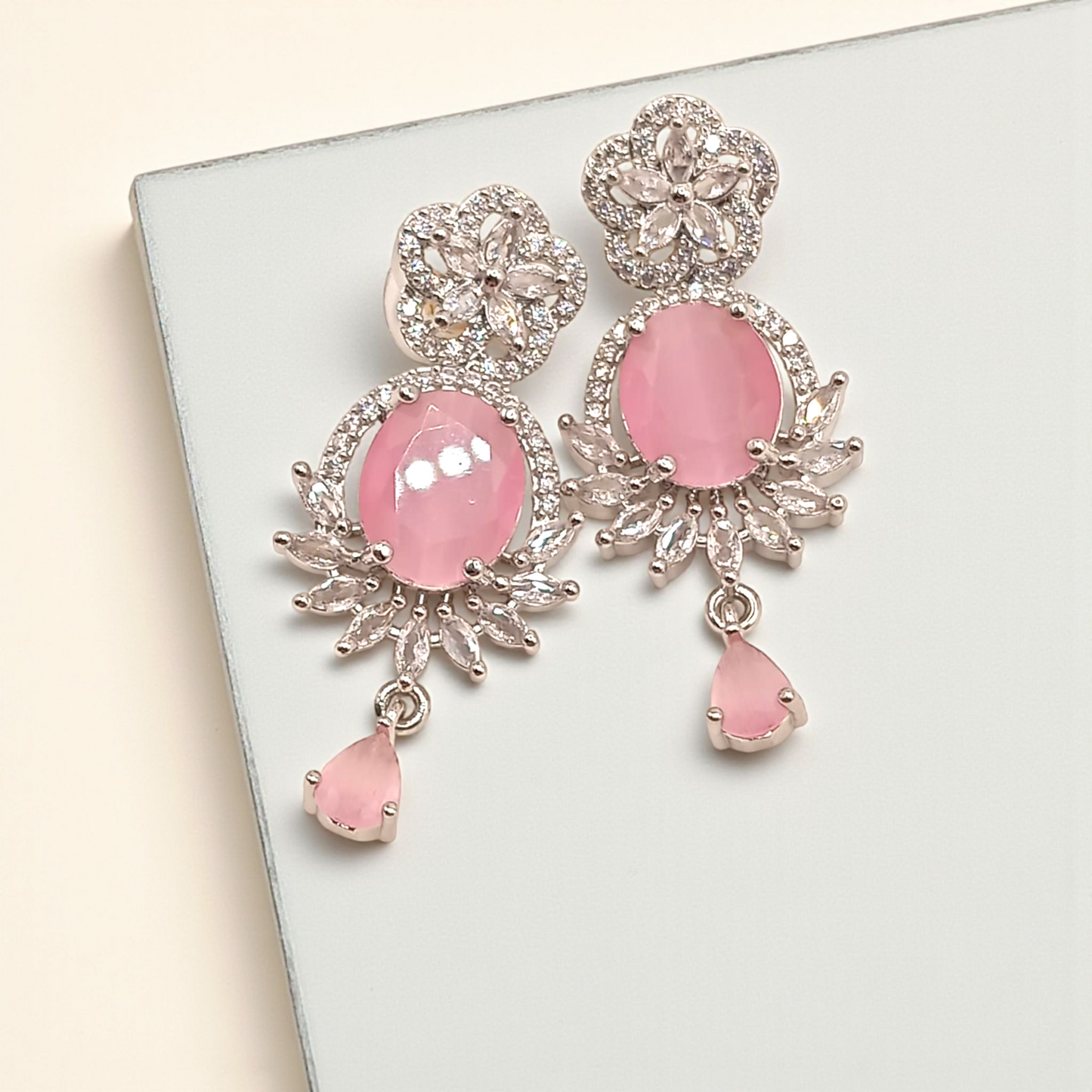 Floral Pink Stone Drop Earrings with Crystal Accents