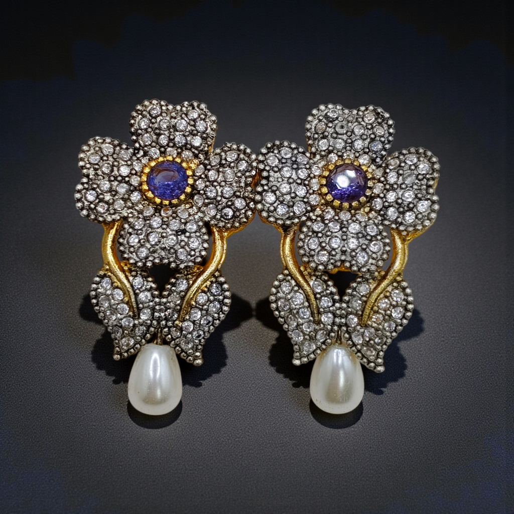 Luxury Floral Crystal Earrings with Pearl Drop – Antique Gold Finish