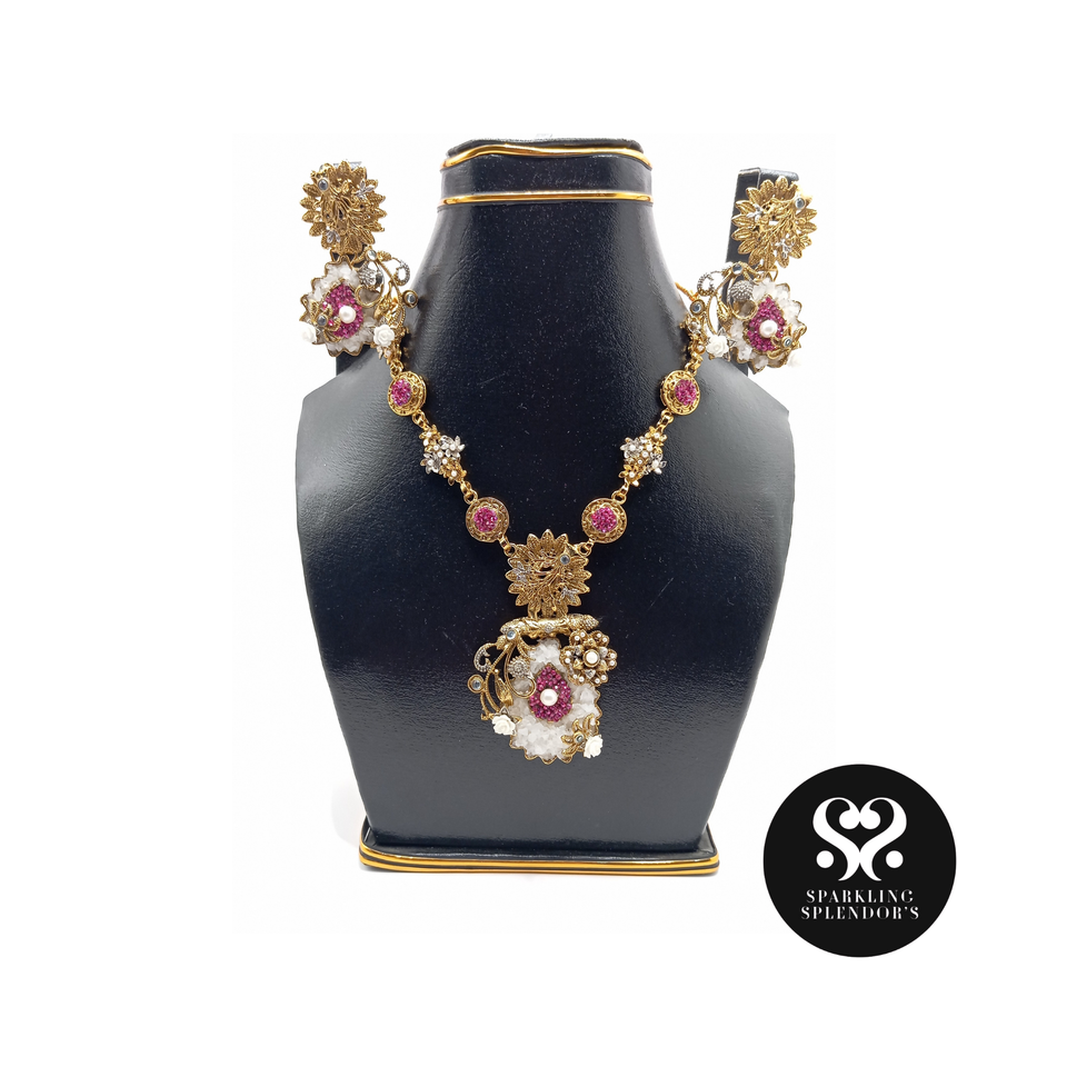 Florence Royale Necklace Set – Floral Elegance in Gold & Ruby
