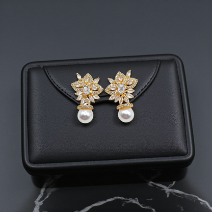 Gold Floral Ruby & Crystal Studs with Pearl Drop