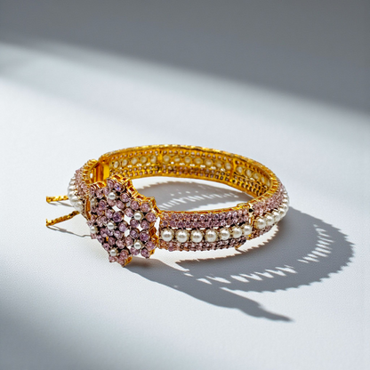 Elegant Stone & Pearl Bracelet – Premium Crystal Bangle (Green/Red/Purple)