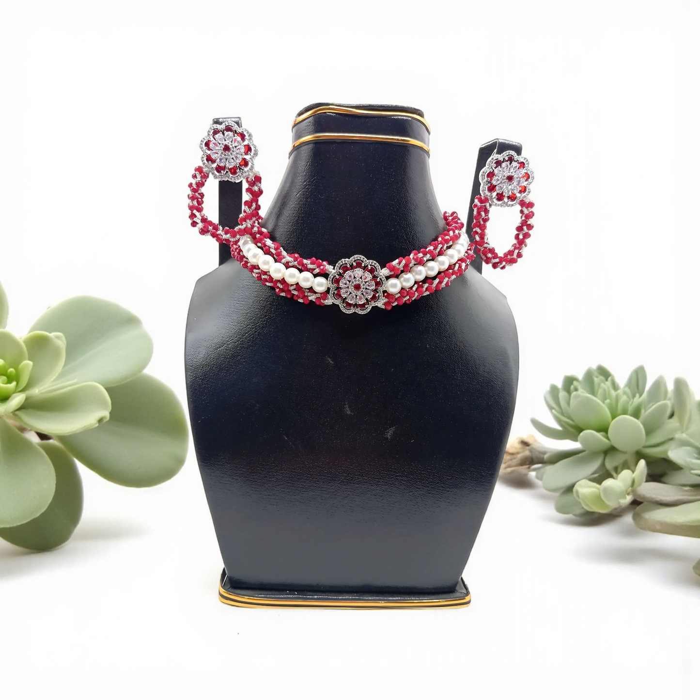 "Ruby Bloom Pearl Chokar – Handmade Elegance"