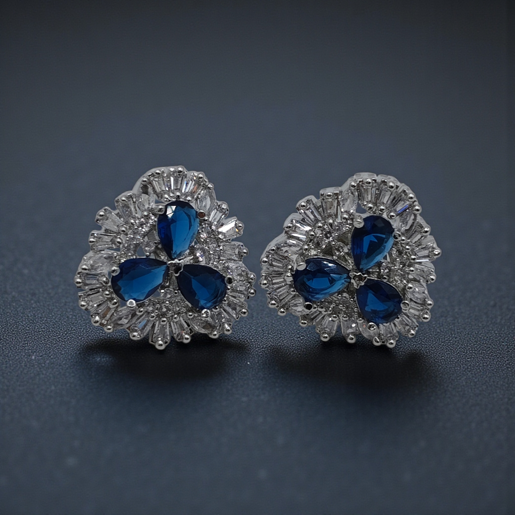 Royal Blue Crystal Floral Stud Earrings  Silver Plated Statement Jewelry