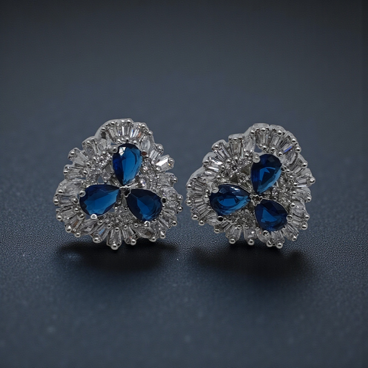 Royal Blue Crystal Floral Stud Earrings  Silver Plated Statement Jewelry