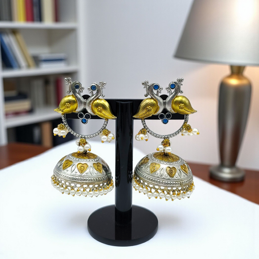 Dual-Tone Peacock Dome Jhumka Earrings – Traditional Heritage Collection
