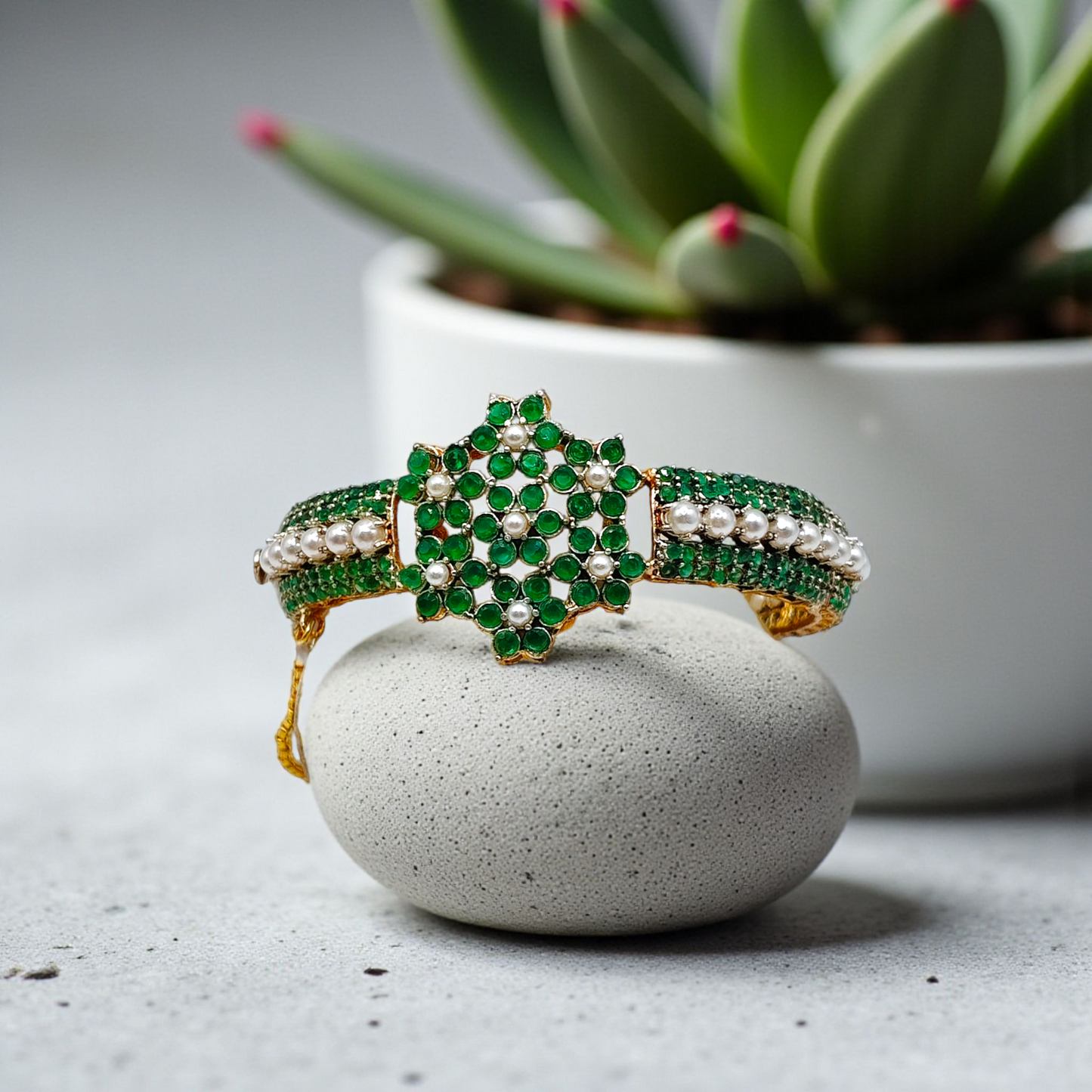 Elegant Stone & Pearl Bracelet – Premium Crystal Bangle (Green/Red/Purple)