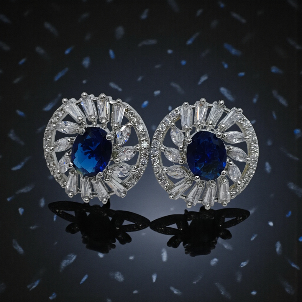 Sapphire Blue Crystal Halo Stud Earrings Silver Plated Statement Jewelry