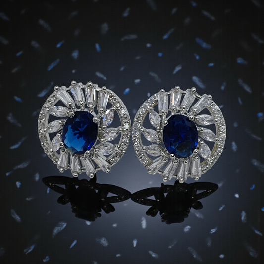 Sapphire Blue Crystal Halo Stud Earrings Silver Plated Statement Jewelry