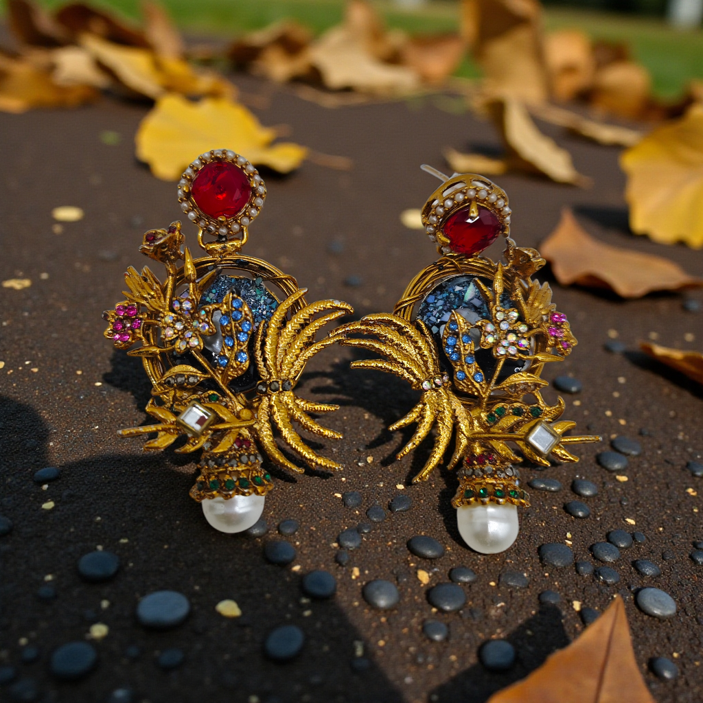 Antique Gold Peacock Pearl Drop Earrings Multicolor Statement Jewelry