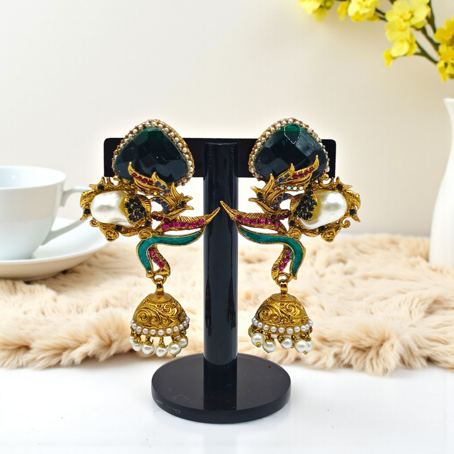 Luxurious Kundan & Enamel Statement Jhumka Earrings – Multi-Color, Pearl Drops, Festive Wear Jewelry