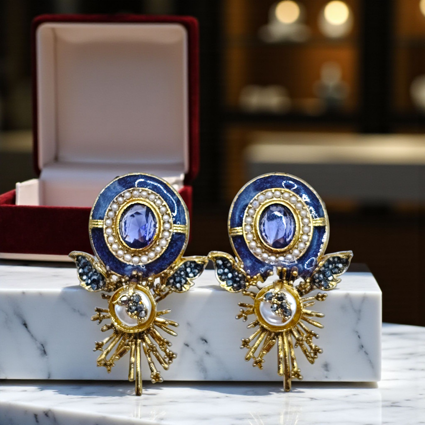 Emerald Enamel Stud Earrings with Pearl & Gold Detailing – Luxury Statement Earrings