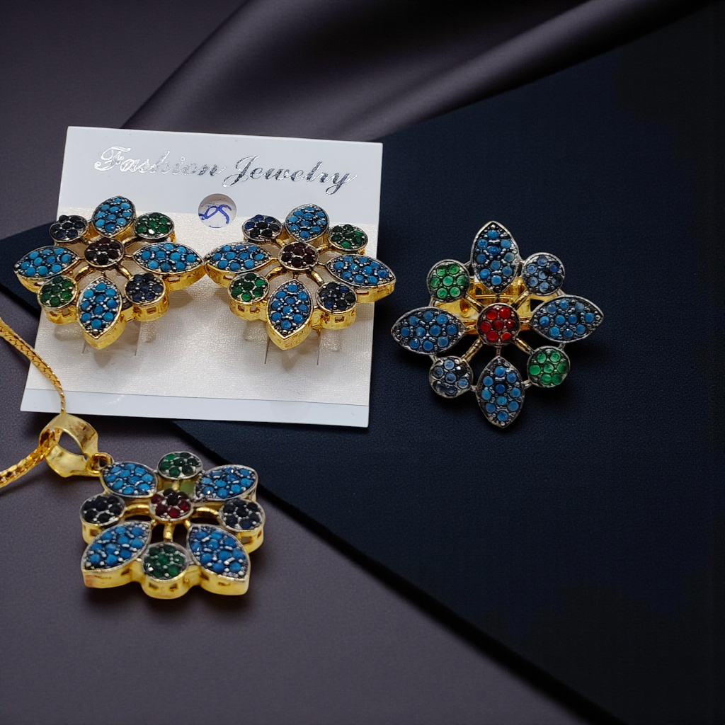 Floral Stone Pendant Set Gold Plated Statement Jewelry