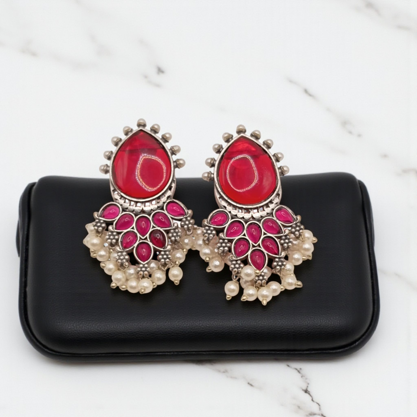 Mirror Drop Earrings with Pearl Clusters