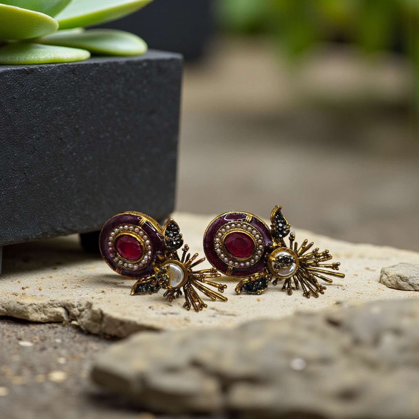 Emerald Enamel Stud Earrings with Pearl & Gold Detailing – Luxury Statement Earrings