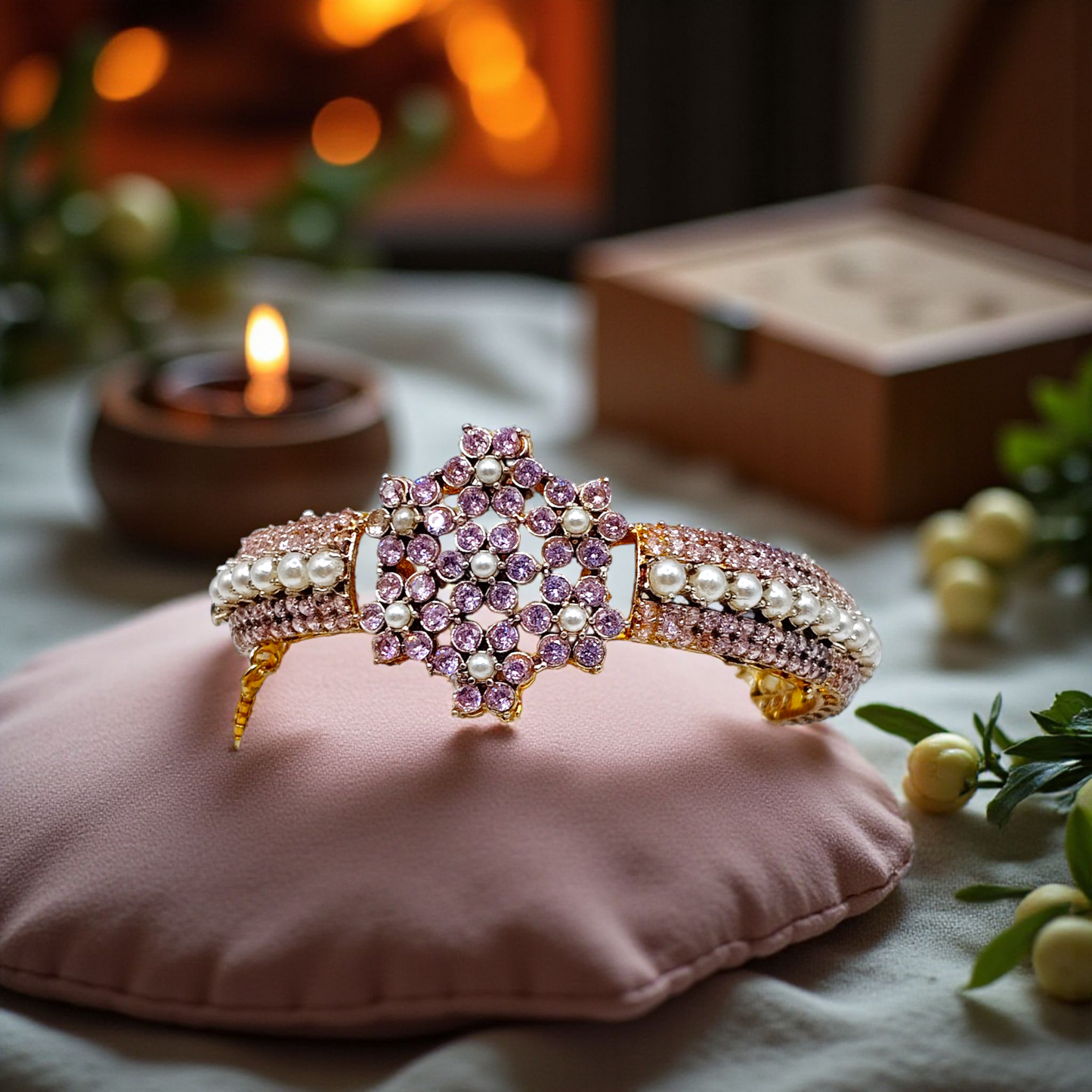 Elegant Stone & Pearl Bracelet – Premium Crystal Bangle (Green/Red/Purple)